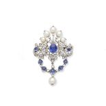 A sapphire, cultured pearl and diamond brooch/pendant