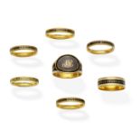 A collection of enamel, hairwork and gold mourning rings, circa 1769-1799 (7)