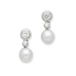 A pair of cultured pearl and diamond earrings