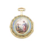 J. Coulin & Amy Bry. A continental gold key wind pair case pocket watch with enamel decoration Ci...