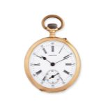 Longines. An 18K gold keyless wind open face pocket watch Circa 1900