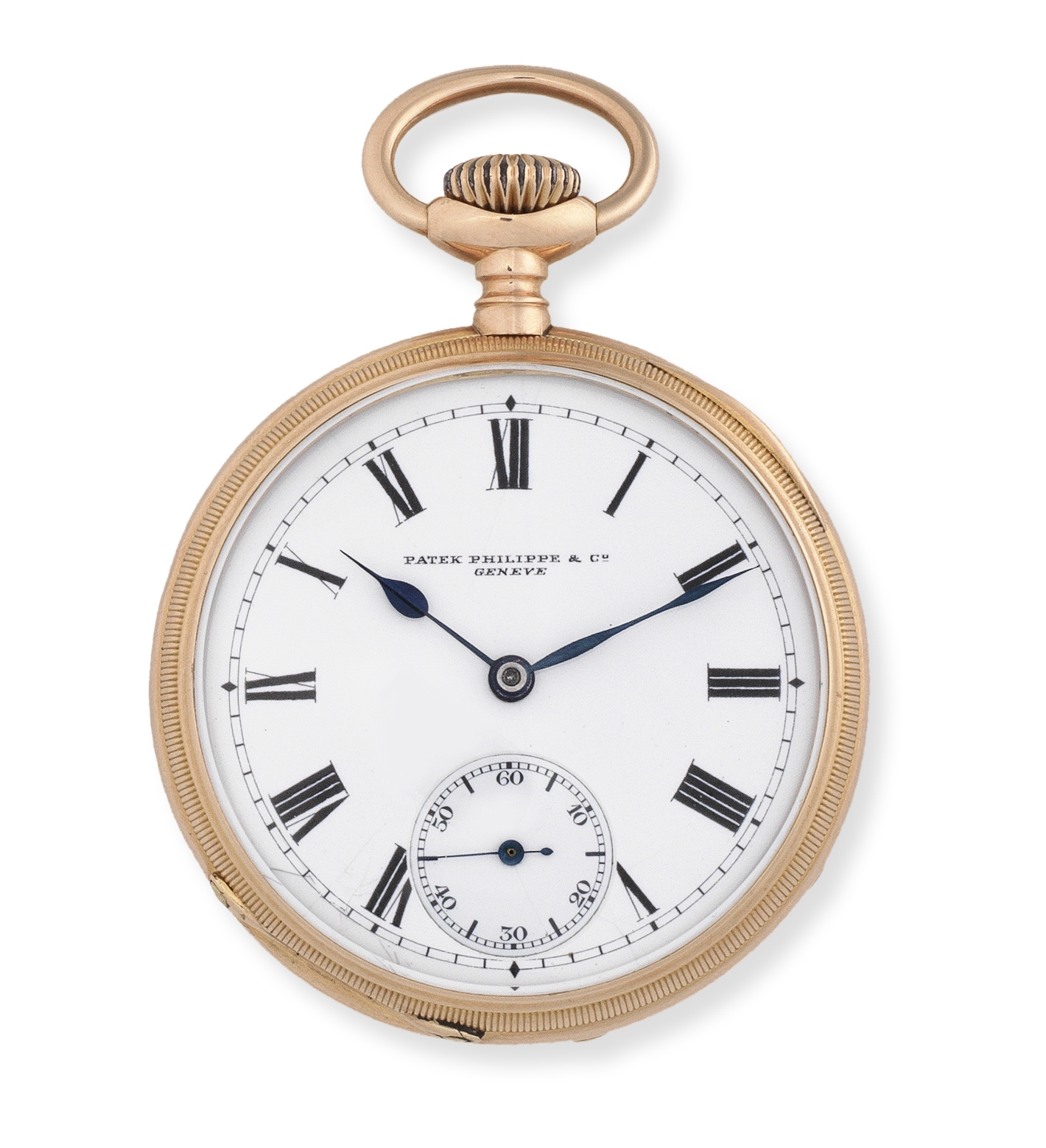 Patek Philippe. An 18K rose gold keyless wind open face pocket watch Manufactured 1888, Purchased...