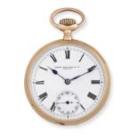Patek Philippe. An 18K rose gold keyless wind open face pocket watch Manufactured 1888, Purchased...