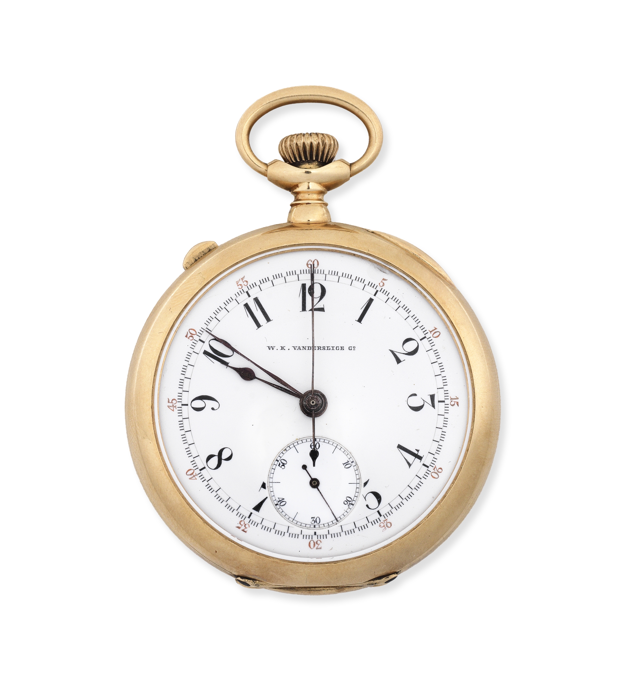 W. K. Vanderslice Co., New York. A 14K gold keyless wind open face split second chronograph pocke...