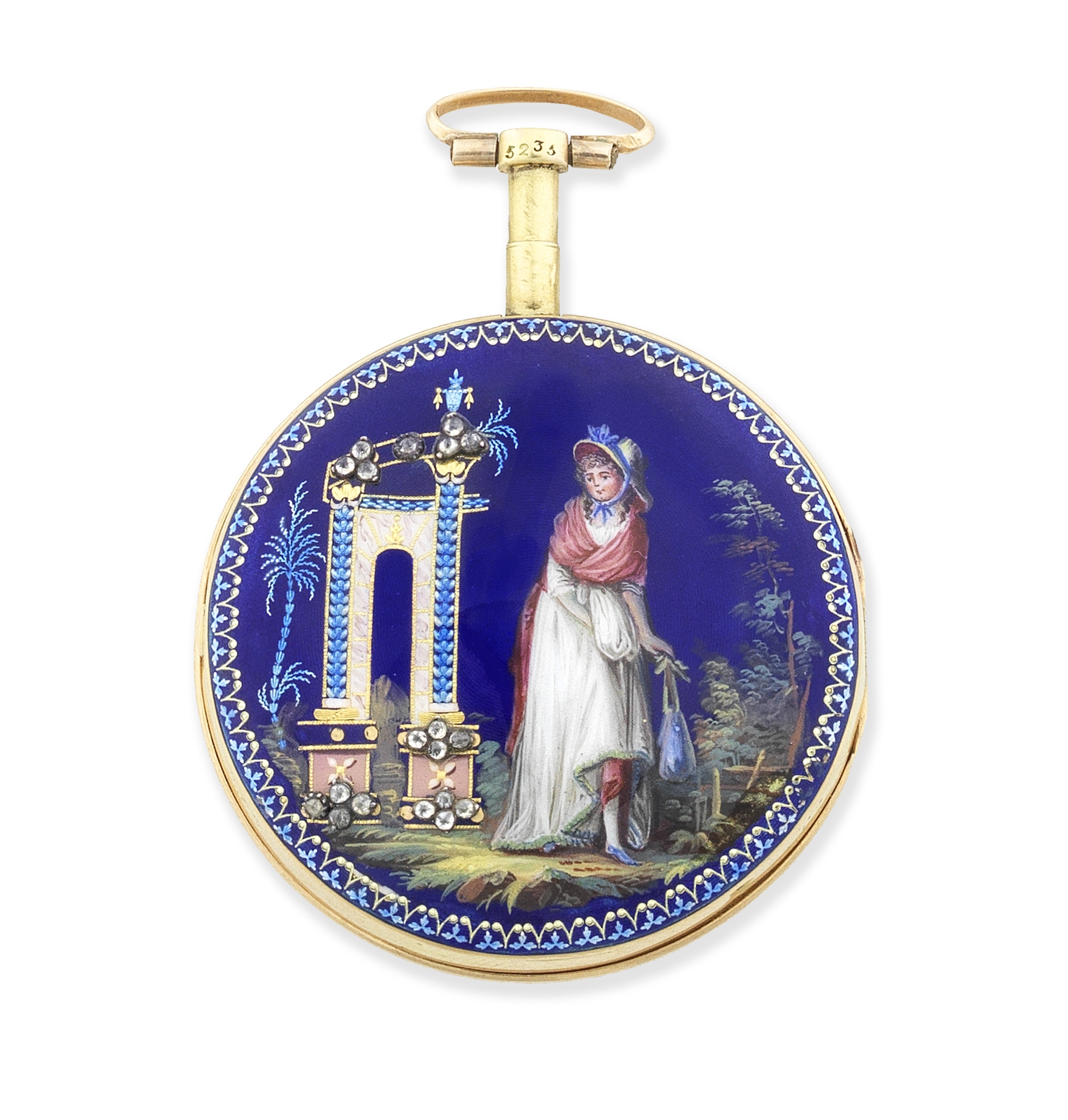 Abraham Amalric, Geneve. A gilt metal key wind open face pocket watch with enamel scene to revers...