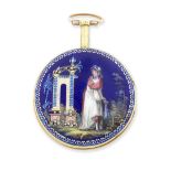 Abraham Amalric, Geneve. A gilt metal key wind open face pocket watch with enamel scene to revers...