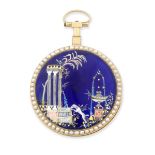 Chevalier et Compagnie. A gilt metal and seed pearl set key wind open face pocket watch with enam...