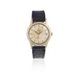 Omega. A gold plated and stainless steel automatic calendar wristwatch with pie-pan dial Constel...