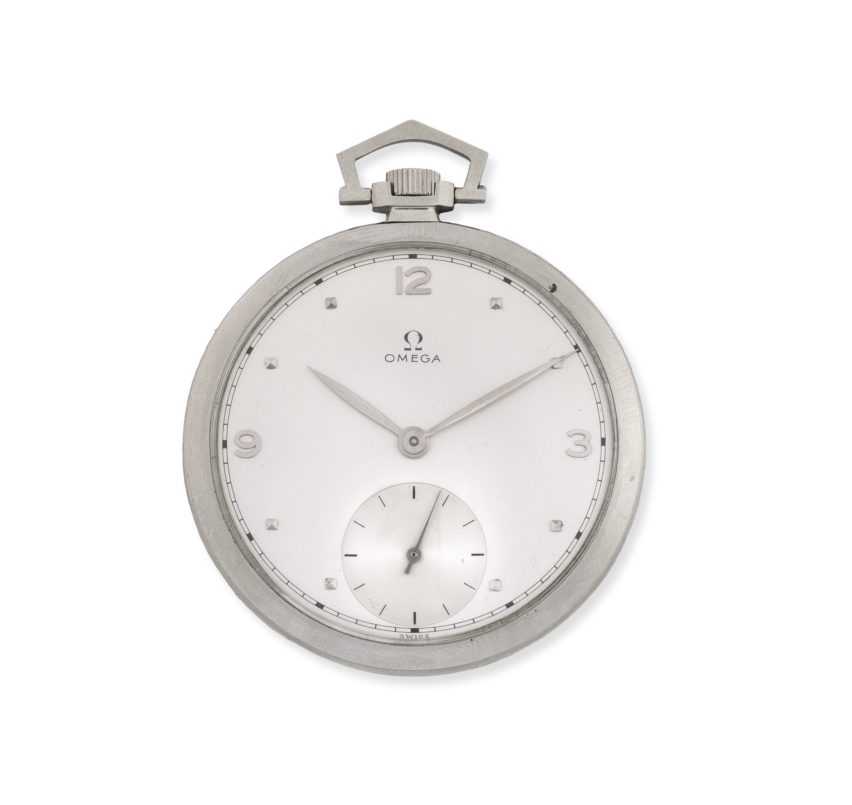 Omega. A 14K white gold keyless wind open face pocket watch Circa 1945