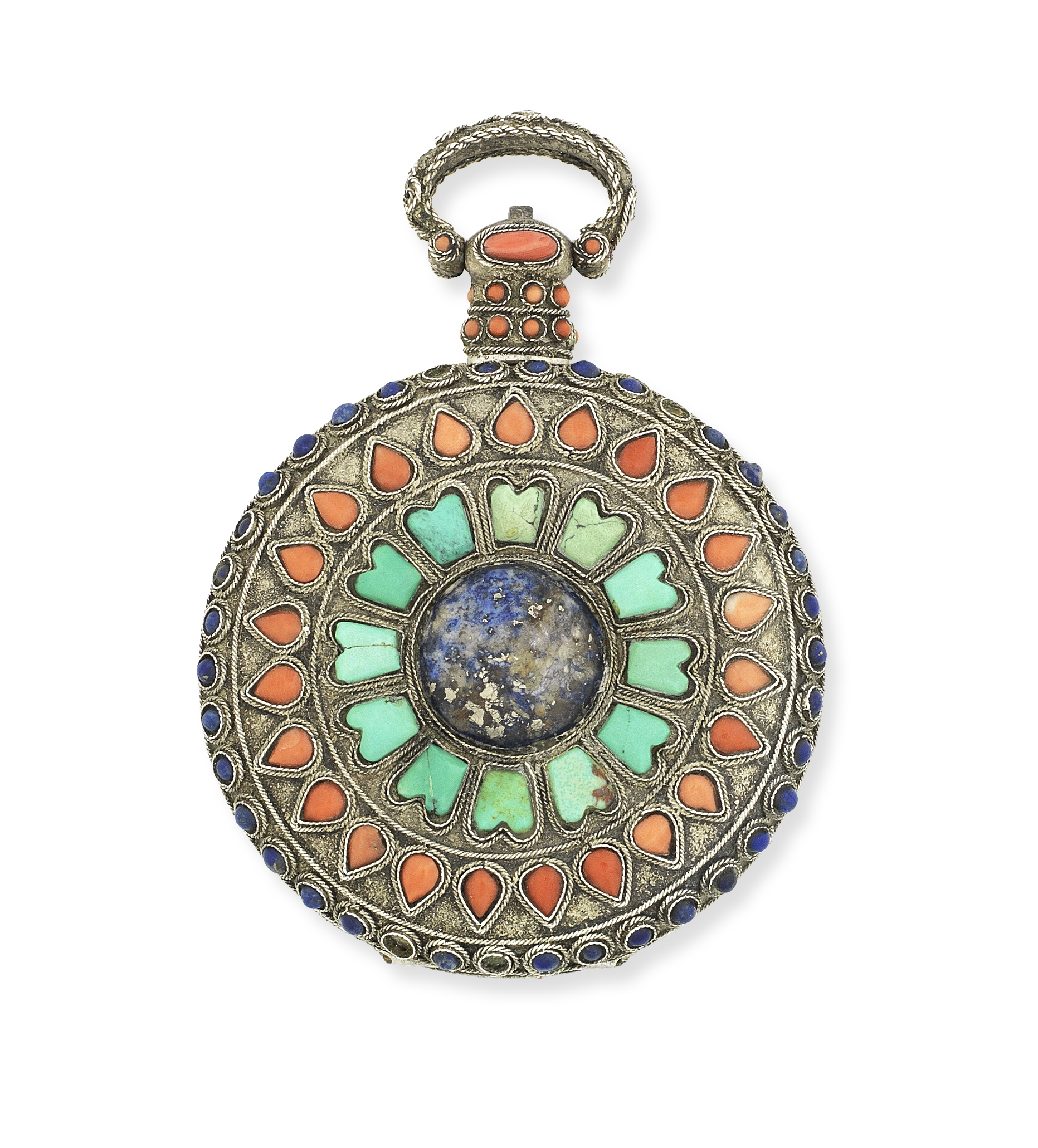 Yuen Yue Shing. A silver, coral, turquoise and lapis lazuli set key wind open face pocket watch m...