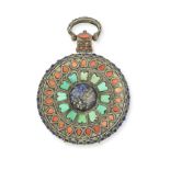 Yuen Yue Shing. A silver, coral, turquoise and lapis lazuli set key wind open face pocket watch m...