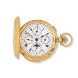 An 18K gold keyless wind minute repeating triple calendar full hunter pocket watch with moon phas...