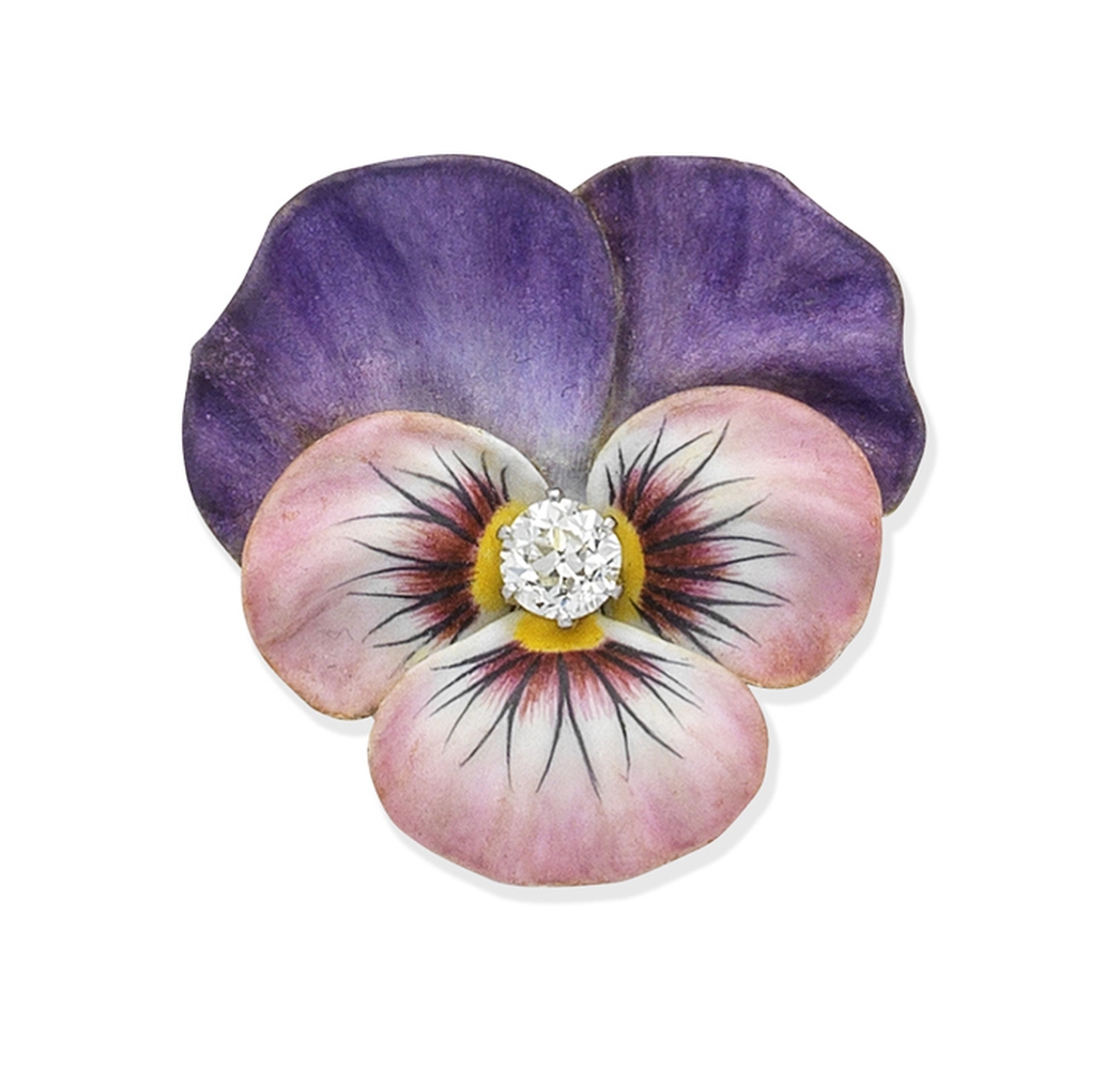 An early 20th century enamel and diamond pansy brooch