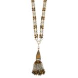 A tiger's eye, rock crystal and diamond tassel necklace