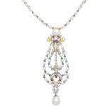 A cultured pearl, diamond and gem-set necklace and brooch/pendant