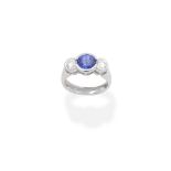 A sapphire and diamond three-stone ring