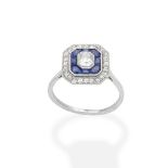A sapphire and diamond plaque ring,