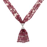 A ruby, seed pearl and diamond tassel necklace