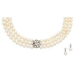 A cultured pearl necklace with an aquamarine and diamond clasp and a pair of cultured pearl and d...