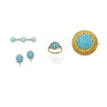 A collection of 19th century turquoise and diamond jewellery and a turquoise and diamond ring and...