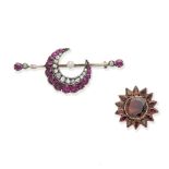 A 19th century garnet flower brooch, and a late 19th century ruby, diamond and pearl crescent bro...