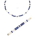 A lapis lazuli and cultured pearl necklace and bracelet (2)