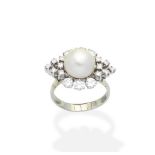 A cultured pearl and diamond ring