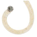 A natural and cultured pearl necklace with cat's-eye chrysoberyl and diamond clasp