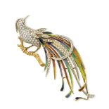 A mid 20th century enamel and diamond bird of paradise brooch