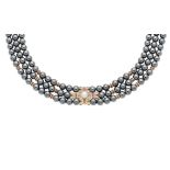 A cultured pearl, ruby, diamond and hematite bead necklace