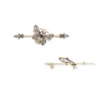 A gem-set butterfly brooch, circa 1895, and an early 20th century enamel and pearl novelty bar br...