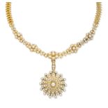 A pearl, seed pearl and diamond pendant necklace, (2)