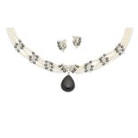 A cultured pearl, hematite, onyx and diamond necklace, and a pair of cultured pearl, hematite and...