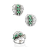 An emerald and diamond ring and earring suite, (2)