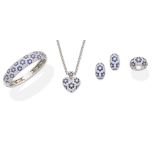 A sapphire and diamond bangle, pendant, ring and earring suite (4)