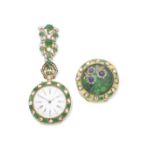 An enamel, emerald and diamond fob watch and an emerald and diamond brooch (2)