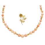A coral bead necklace, and a rose brooch (2)