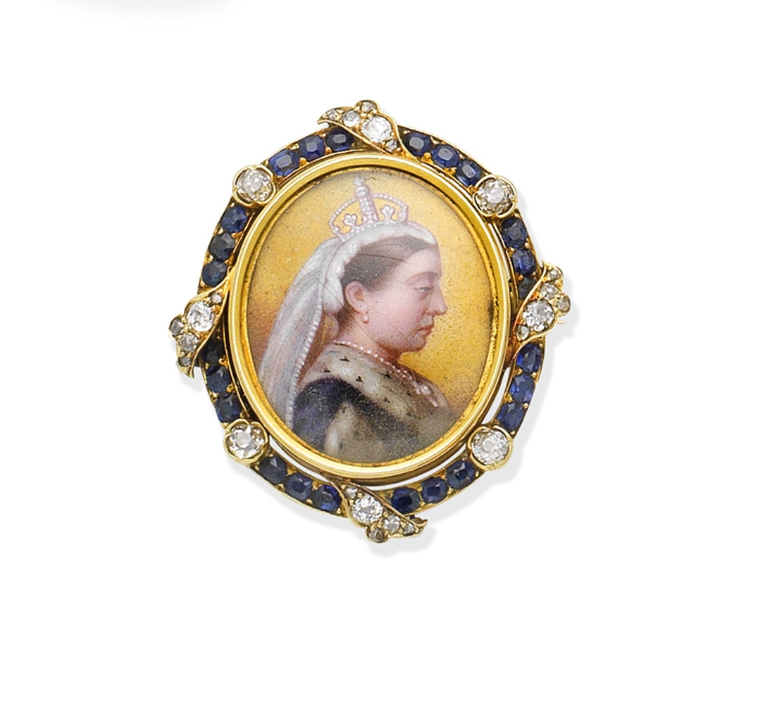 An enamel, sapphire and diamond Royal Order brooch, 1885