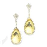 A pair of citrine and coloured diamond pendent earrings, by Geoffrey Rowlandson,