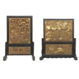 Two gilt-wood and lacquer table screens on stained-wood stands 19th century (4)