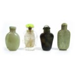 A jade snuff bottle and three other mineral bottles, all with stoppers (8)