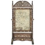 A mother-of-pearl inlaid hongmu floor screen with embroidered panel 19th century