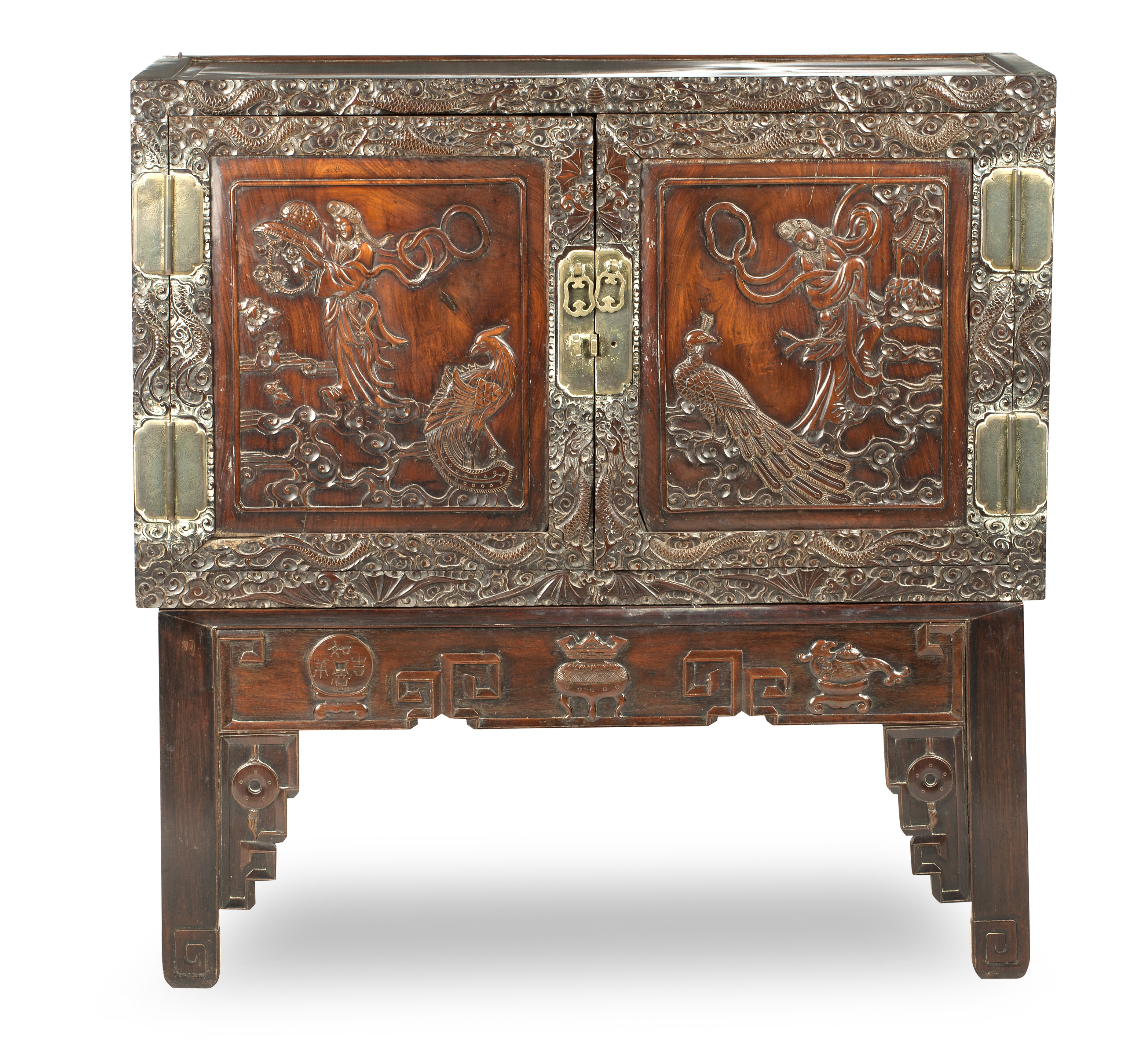 A hongmu 'ladies' large cabinet together with associated stand Late 19th/early 20th century