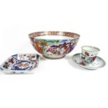 A famille rose punch bowl, an Imari dish and tea bowl and saucer 18th century