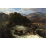 John Brandon Smith (British, 1848-1884) Sheep grazing by a highland river
