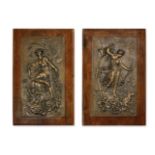 A pair of late 19th/early 20th century Continental patinated bronze relief cast figural plaques d...