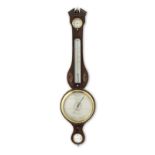 A rare late 18th century mahogany wheel barometer with inset watch signed J. Moxon fecit, London