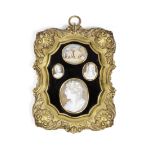 A collection of four mid 19th century Italian framed carved shell cameos mounted within a later g...