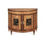 A Dutch early 19th century satinwood, lacquer, purplewood and ebonised demi-lune commode