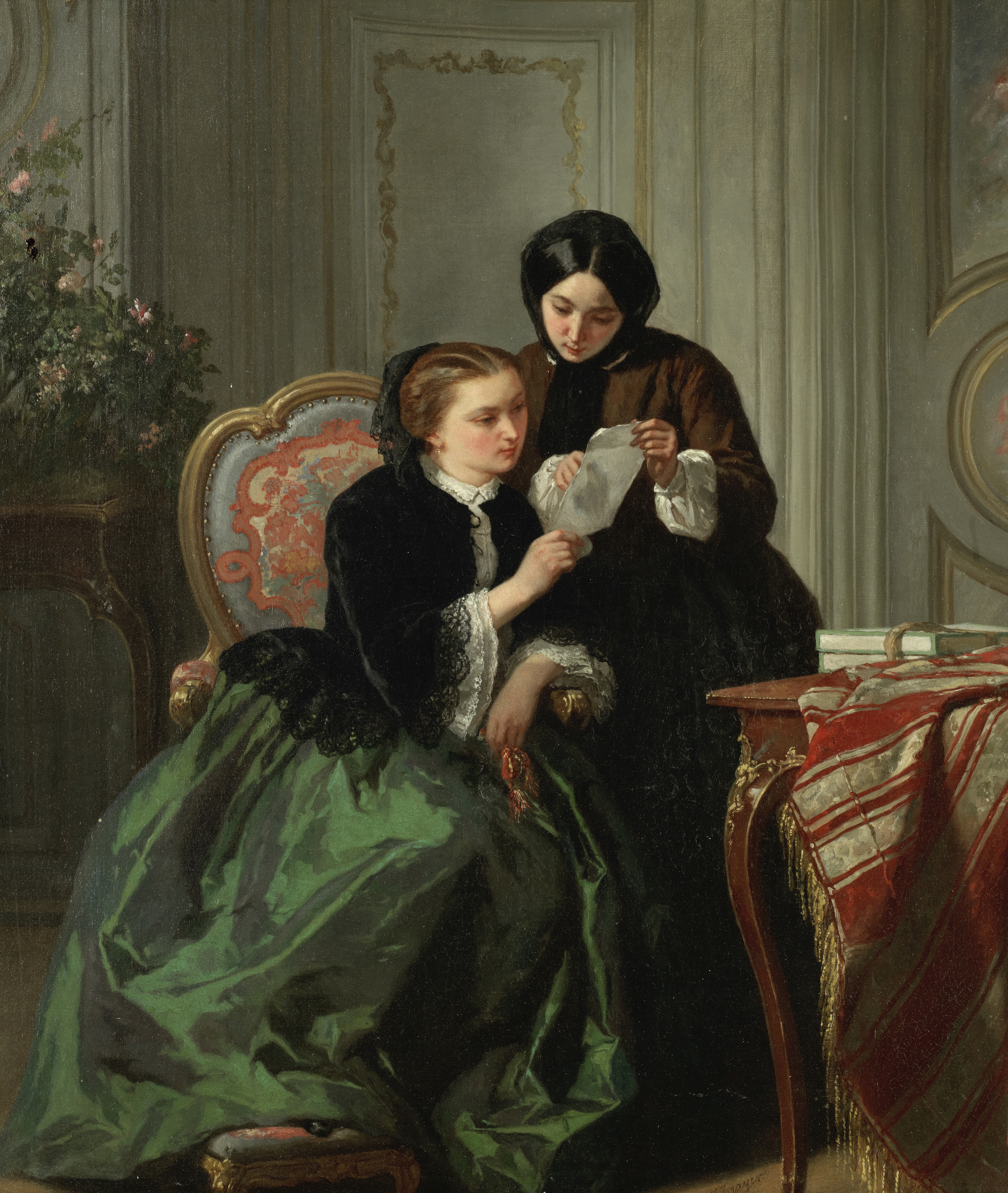 Jean-Baptiste Jules Trayer (French, 1824-1909) Two young ladies reading a letter